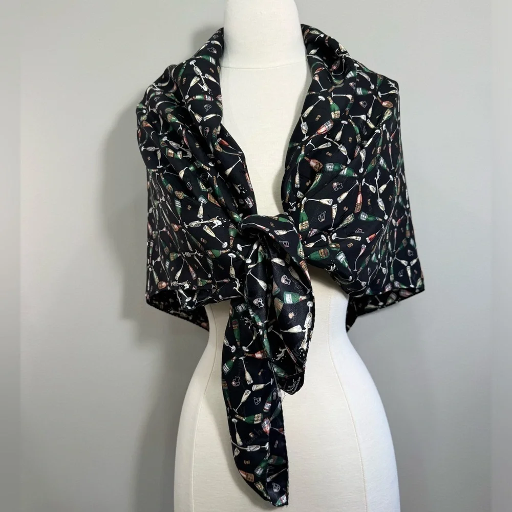 1990’s Vintage NICOLE MILLER Black CHAMPAGNE BOTTLE GLASS Graphic Scarf Retro